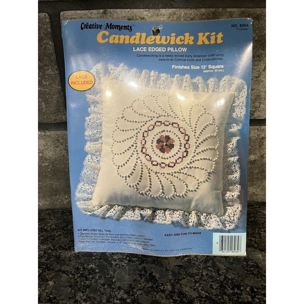 Creative Moments “Pinwheel” Candlewick Kit #8264 Lace Edged Pillow NOS 13” Sq